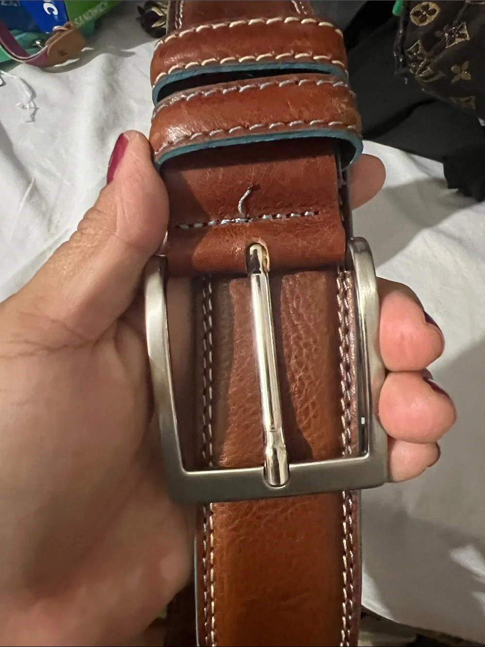 Men's Brown Leather Belt with Teal Edge - Classic Casual Style